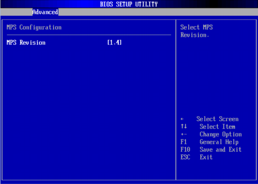 image:A screen capture showing the Advanced/MPS Configuration BIOS screen.