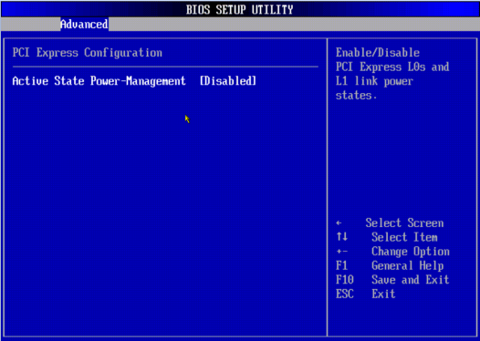 image:A screen capture showing the Advanced/PCI Express Configuration BIOS screen.