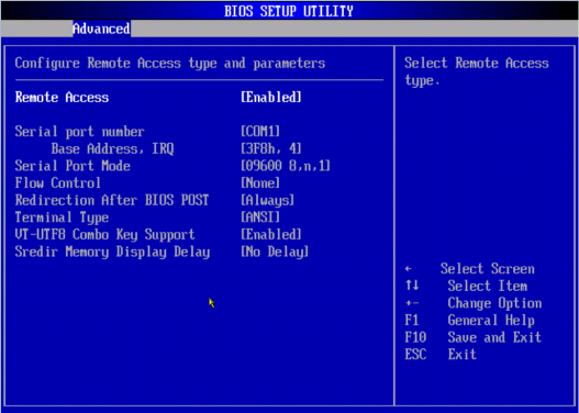 image:A screen capture showing the Advanced/Remote Access Configuration BIOS screen.