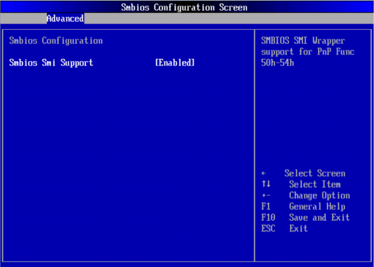 image:A screen capture showing the Smbios Configuration BIOS screen.