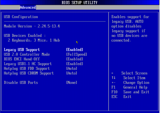 image:A screen capture showing the Advanced/USB Configuration BIOS screen.