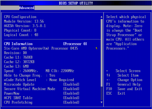 image:A screen capture showing the Advanced/CPU Configuration BIOS screen.