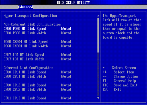 image:A screen capture showing the Advanced/Hyper Transport Configuration BIOS screen.