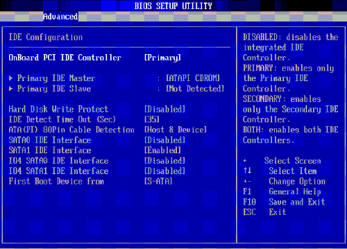 image:A screen capture showing the Advanced/IDE Configuration BIOS screen.