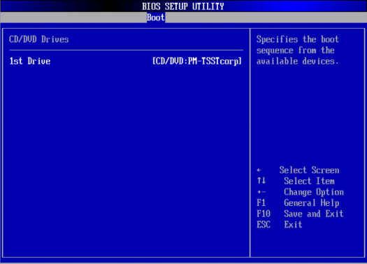 image:A screen capture showing the Boot/CD/DVD Drives BIOS screen.