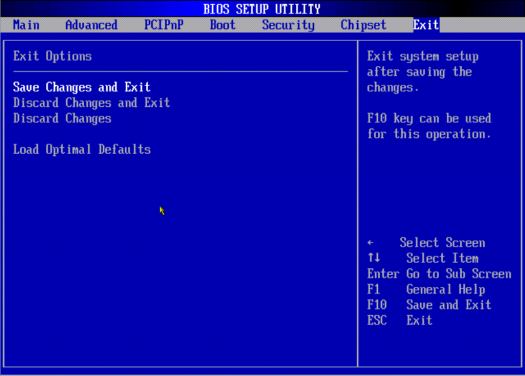 image:A screen capture of the Exit BIOS screen.