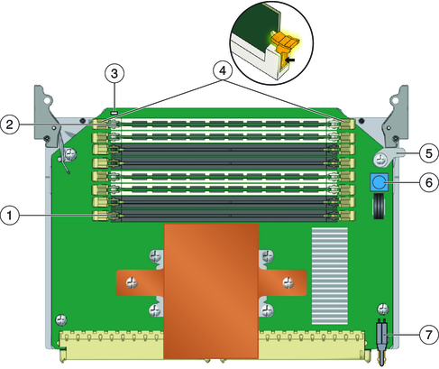 image:An illustration showing the features and components of the Sun Fire X4640 server CPU module.