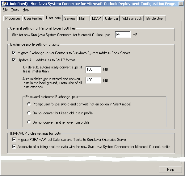 Desktop Deployment Configuration Program: User .psts Tab