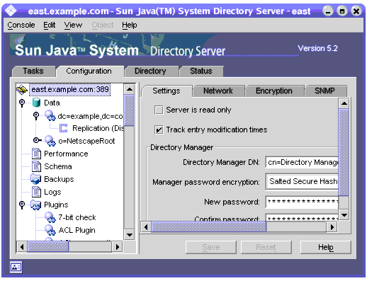 Top-level Configuration tab of the Directory Server console showing as an example the Settings tab of the server configuration node