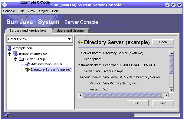 The Servers and Application tab of the Sun ONE Server Console, showing information in the Directory Server node