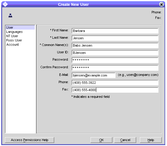 Window entitled Create New User showing the fields to enter user information such as name, user ID, password, phone number, and others
