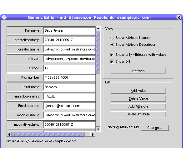 Window entitled Generic Editor - uid=bjensen,ou=People,dc=example,dc=com showing the attribute fields for this user entry and controls to modify them