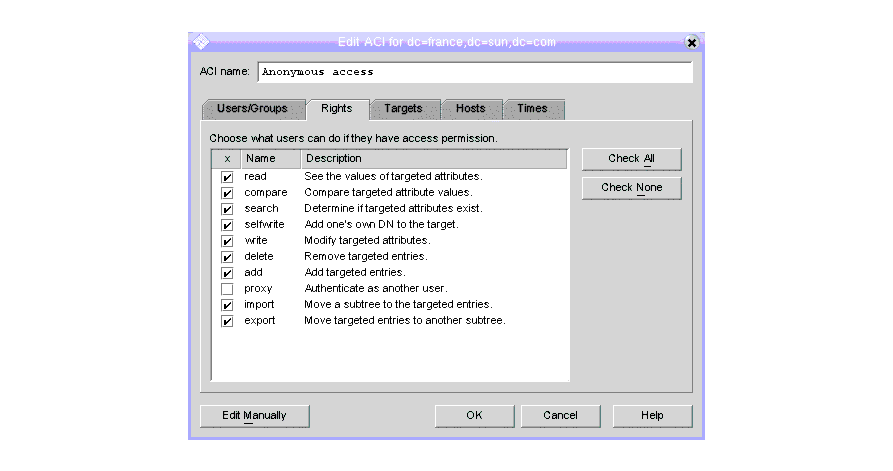 Window for the Access Control Editor