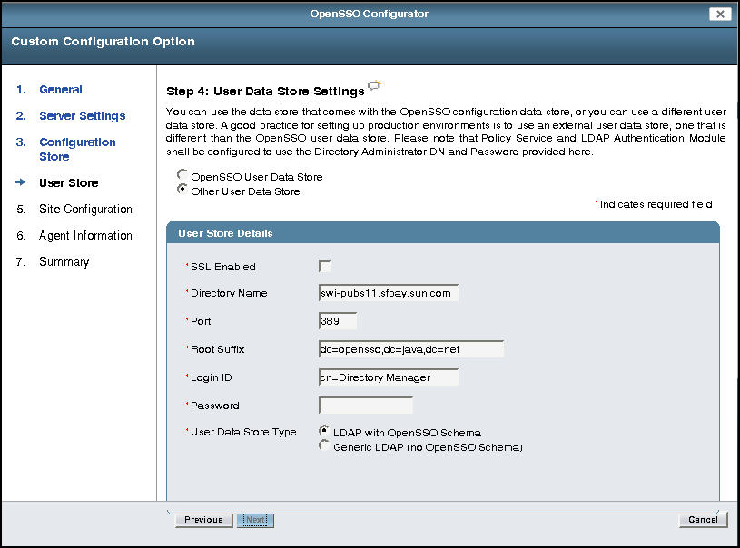 OpenSSO Enterprise Configurator user data store option