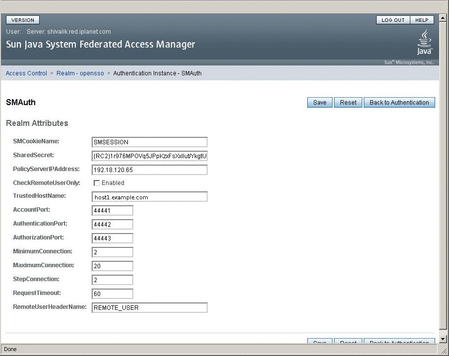 OpenSSO Enterprise authentication module configuration.