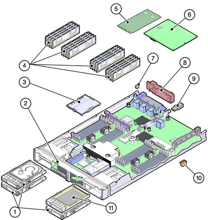 image:Figure shows replaceable parts for the server module.