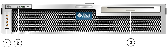 Figure showing front panel of server with alarm status indicators, system status indicators, and removable media in a 2 hard drive configuration.