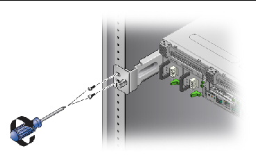 Figure showing how to secure the rear of the server into a rack
