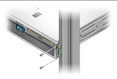Figure showing where to secure the front of the server to the rack