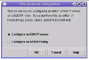 Screen capture of the Choose Server Configuration page of the Solaris DHCP Configuration wizard. 