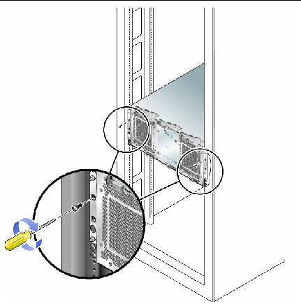 Figure showing the screws used to secure the array to the front of the Sun expansion cabinet.