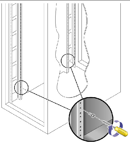 Figure showing the location of the rail mounting screws in the front and back of the cabinet.