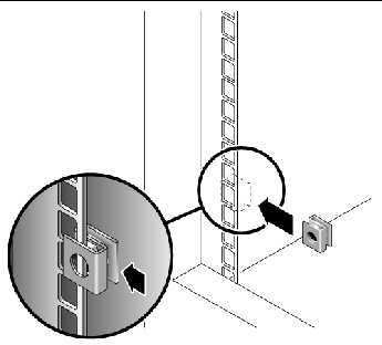 Figure showing how to insert cage nuts over rail mounting holes. 