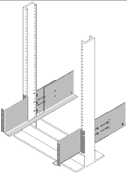 Figure showing detail and location of the lower mounting holes of the rails on the Telco 2-post rack.