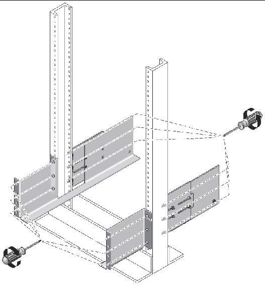 Figure showing detail and location of the lower mounting holes of the rails on the Telco 2-post rack.