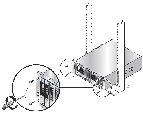 Figure showing the location of the four 10-32 screws used to secure the array to the front of the 2-post rack