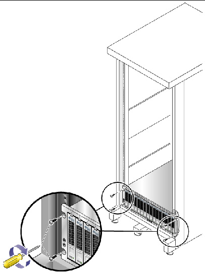 Figure showing location of four screws used to secure the tray to the front of the rack. 