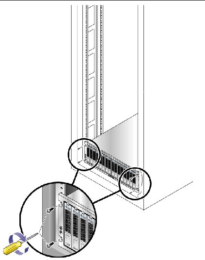 Figure showing location of four screws used to secure the tray to the front of the rack. 