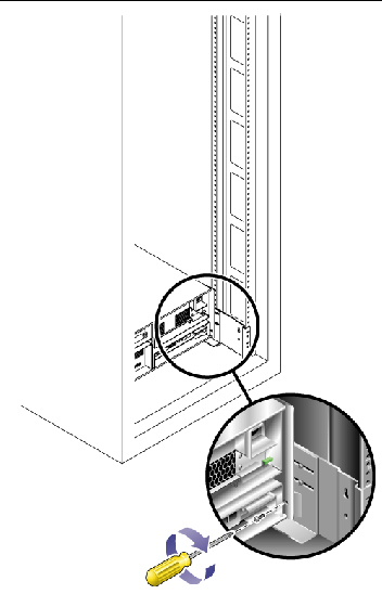 Figure showing the location and positioning of the screws in the front and back mounting holes of the Telco 2-post rack. 