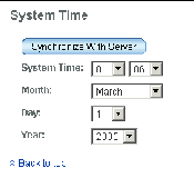 Screen capture showing the System Time section of the General Setup page. Screen capture of the System Time section with five drop-down menus for setting the hour, minute, month, day, year, and a button that synchronizes the array time and date with the server. 