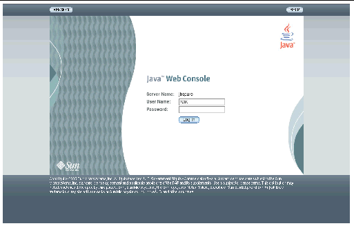 Screen capture of the Sun Java Web Console login page.