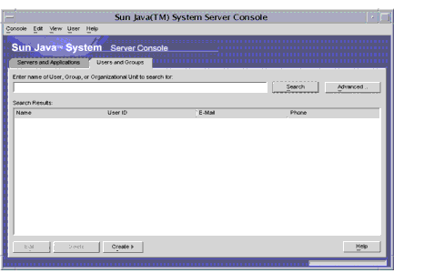Sun Java System Server Console: Users and Groups tab.