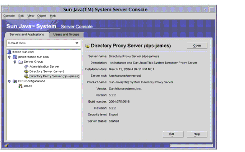 Sun Java System Server Console: Servers and Applications tab.