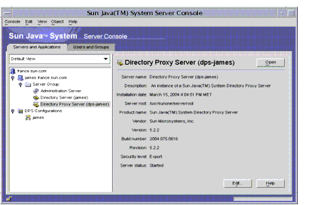 Sun Java System Server Console listing all Servers and Applications under your control.