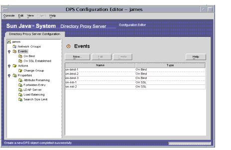 Directory Proxy Server  Configuration Editor Events window. Modifying Event Objects.
