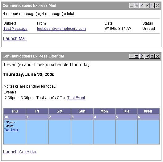 Section of portal desktop showing Test User's summary mail and
calendar information, as described in text.
