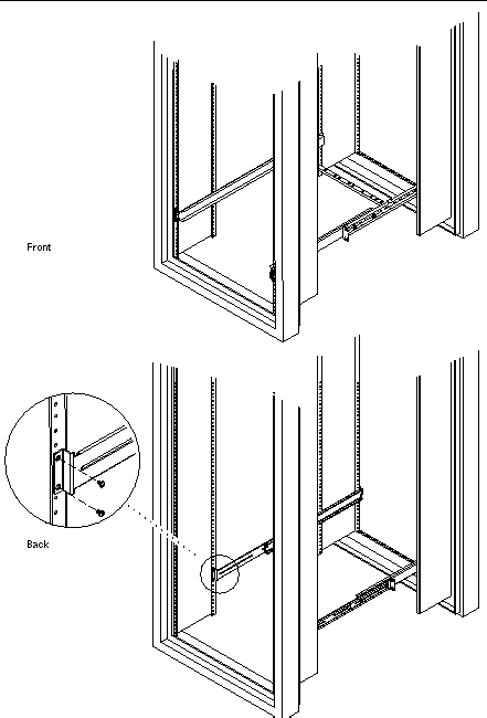 Graphic shows connecting the brackets to the posts at the rack's front and side.