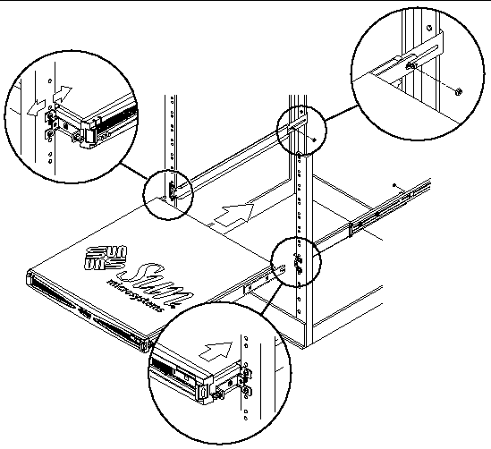 Graphic shows sliding the array into the rack and three zooms that show the screws being connected at the front and back.