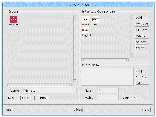 The example "MyGroup" group in the Group Editor. "MyGroup" consists of a Label, TextField and Toggle Button.