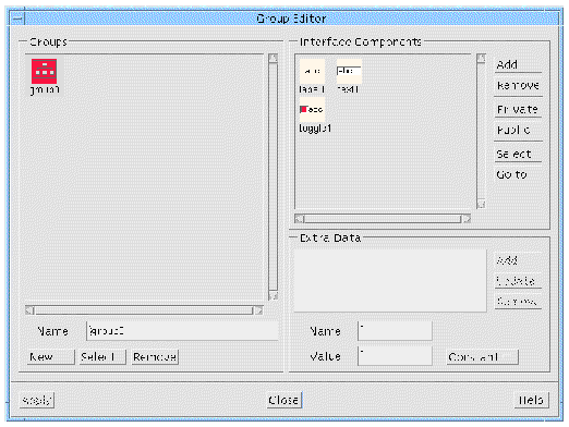 The Group Editor with an example group containing a Label, Text and Toggle Button.