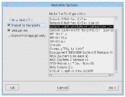 Makefile Options dialog with "New Makefile" toggle not set and "Makefile template" toggle set.
