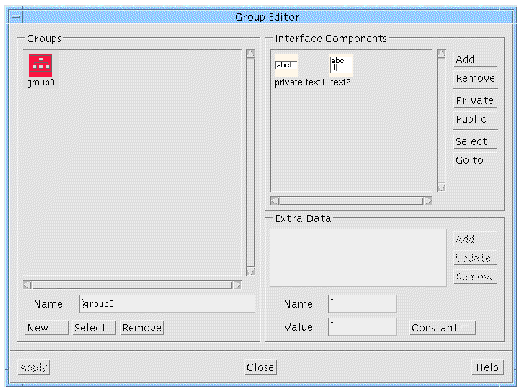 The Group Editor for the Go Live tutorial with "group0" defined with a private TextField and a Text widget.