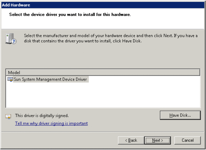 Hardware Wizard screen showing Sun System Management Device Driver as an option.