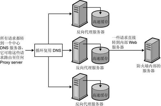 图中说明了用于负载平衡的代理，其中所有请求都转到一个中心 DNS 服务器，该服务器可将这些请求路由至任何代理服务器。