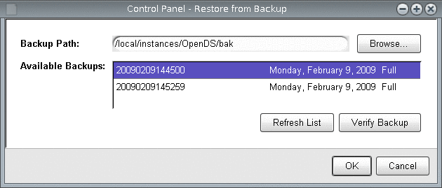 Figure shows the Restore from Backup window of the Control Panel.
