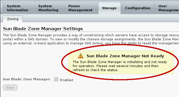 Zone Manager 서비스가 온라인 상태가 되기 전의 웹 인터페이스 화면